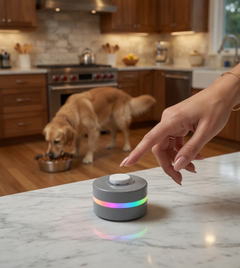 Person tapping the JustFed button on a kitchen counter to log a feeding