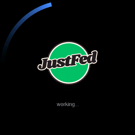 Device screen showing the JustFed logo while it refreshes from JustFed Cloud