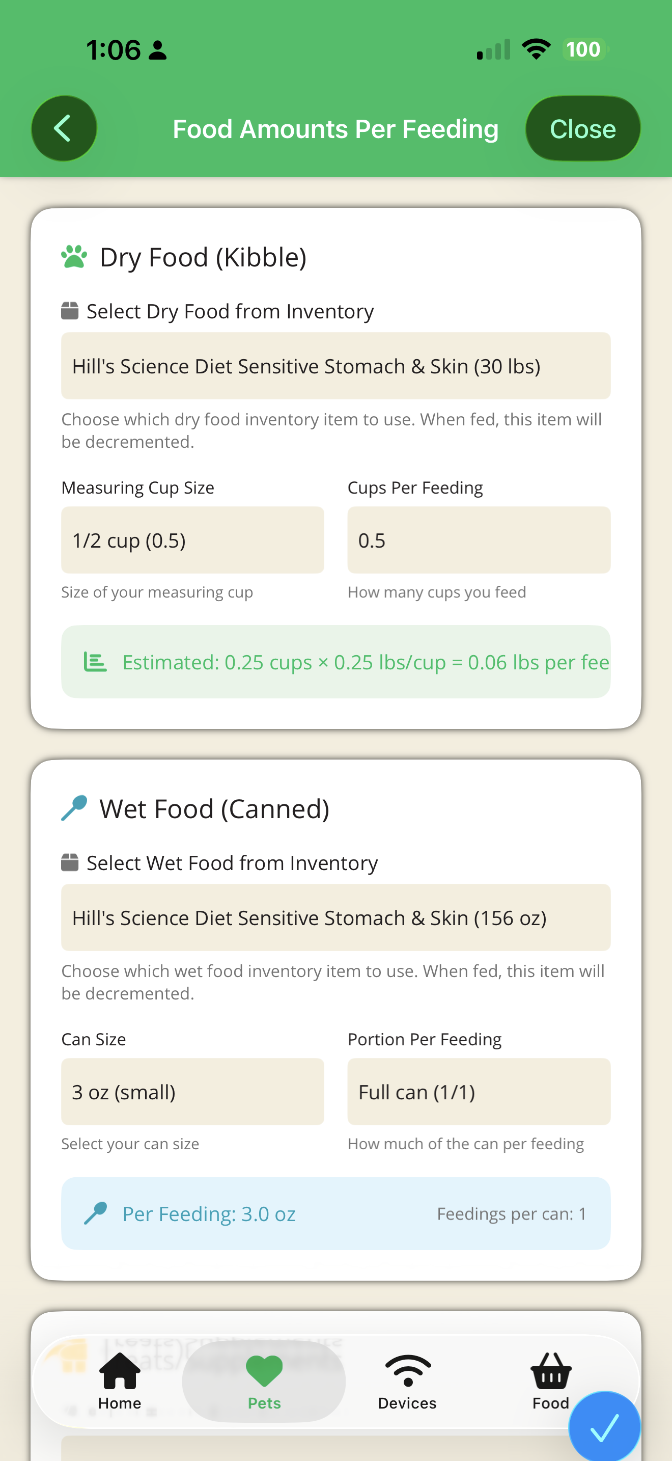 JustFed app displaying feeding schedule for multiple pets