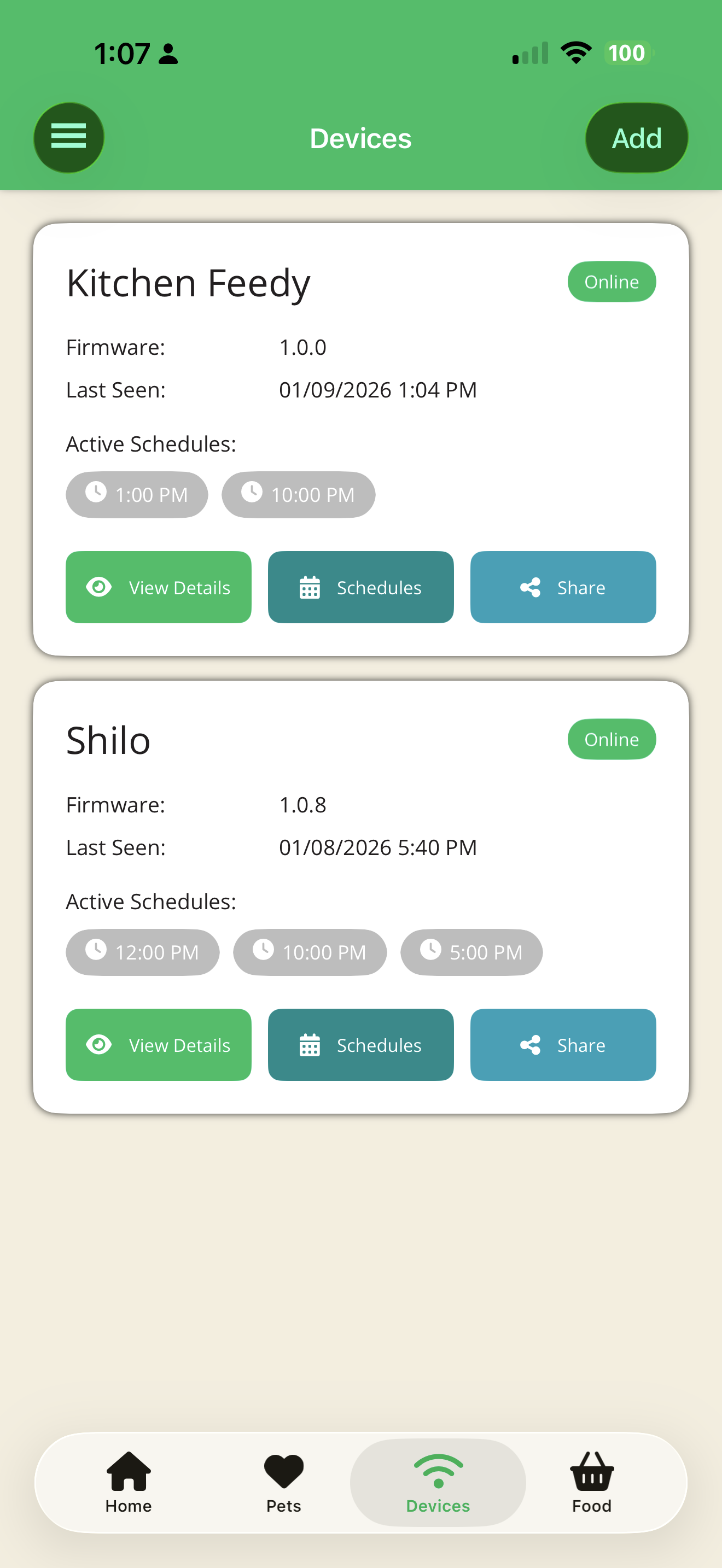 JustFed app feeding history log showing who fed the pet and when